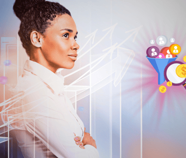 mulher forte e confiante com ícones de ferramentas digitais e gráficos de crescimento