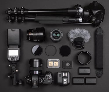 Photography equipment for photo sessions, including Nikon cameras and Godox lighting gear