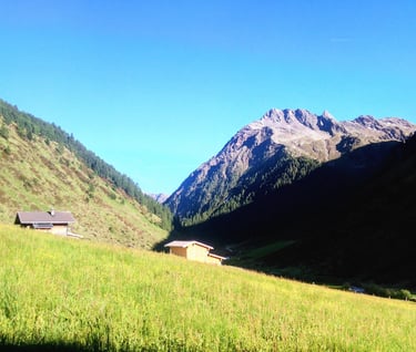 a mountain scene with a cow grazing in the grass