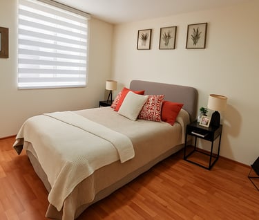 Recámara principal de departamento muestra en La Viga, CDMX