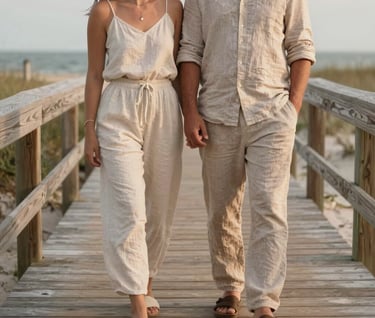 A lifestyle photography shot of a couple standing on a wooden boardwalk near the beach in West Michigan. They are dressed in light-colored linen clothing in Muted Rose and Sand tones. The composition is airy, elegant, and filled with natural warmth.