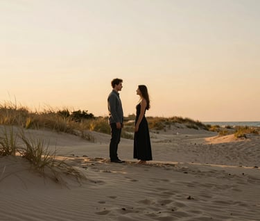 A couple standing on the sandy dunes of Lake Michigan during the golden hour. The sky is a pale cream and light orange. North American / US (West Michigan) setting, romantic and sophisticated.