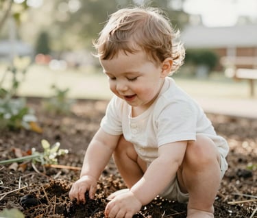 A candid, joyful shot of a toddler playing in a sunny garden in North American / US (West Michigan). The style is light and airy with warm brown and off-white tones, reflecting genuine emotion and natural beauty.