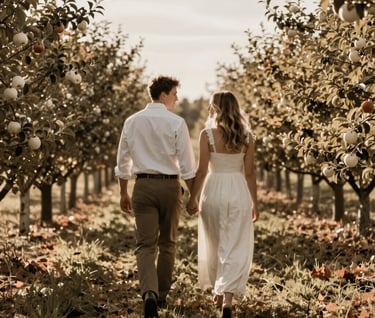 A lifestyle photography shot of a couple walking through a sunlit apple orchard in West Michigan. Warm brown and off-white color palette, timeless and sophisticated mood with natural elegance.