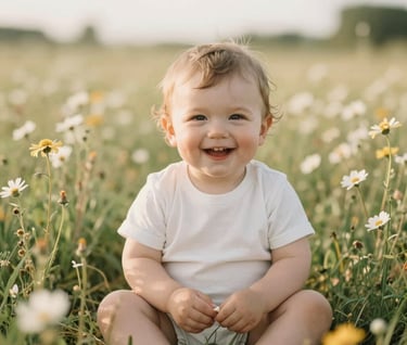 A high-end portrait of a smiling toddler sitting in a field of wildflowers in West Michigan. The style is light and airy with a soft focus background. Natural beauty and warm lighting are emphasized with Cream and Sage Cream highlights.