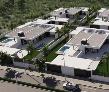 Render con vista de dron de Leoní Village — exclusiva promoción residencial en Sagunto, España