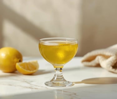 A lemon juice and olive elixir shot.