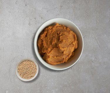 A bowl of miso paste with a bowl of soybeans on a concrete kitchen counter