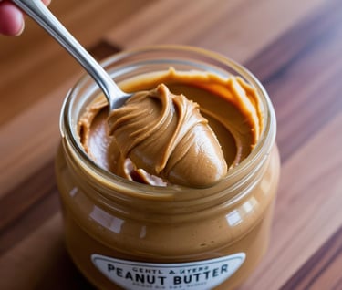 An open jar of creamy peanut butter with a spoon.