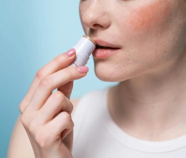 A woman pracitcing lip care by applying lip balm