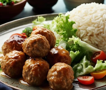albondigas de pollo con arroz y ensalada