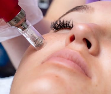 a woman getting her face treated with microneedling