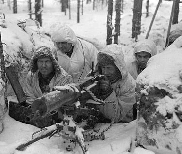 Finnish troops deploy a machine gun during the Winter War of 1939-1940
