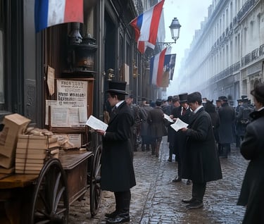 850s Paris, busy boulevard outside a telegraph office festooned with French tricolour flags