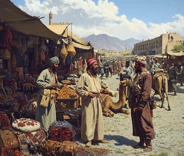 tribal elders arguing in a bustling Afghan bazaar shortly after the Durand Line treaty