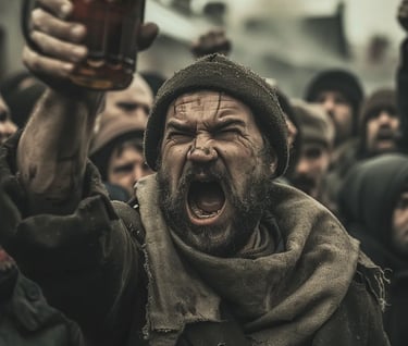 protester raising a mug of beer defiantly while shouting in anger