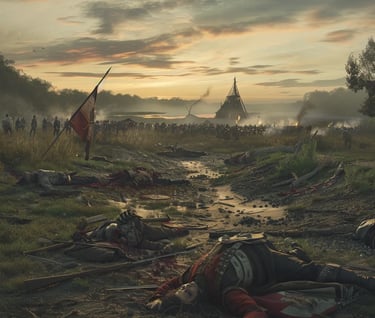 aftermath of the Battle of the Thames. Fallen soldiers and warriors lie across the battlefield