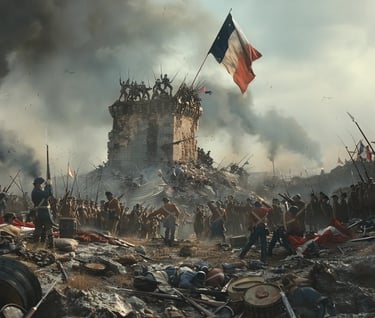 French soldiers raising the tricolor flag atop a ruined enemy fortification