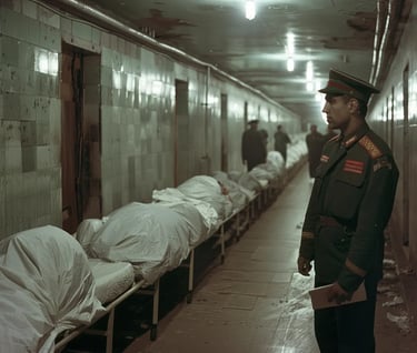  Soviet paramedics carrying stretchers through a dimly lit corridor
