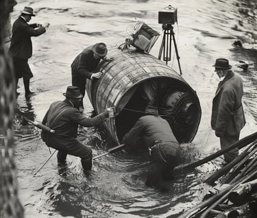 of rescuers pulling the battered barrel from the water.
