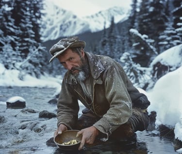 Alaskan gold prospector examining a glistening nugget in an icy stream