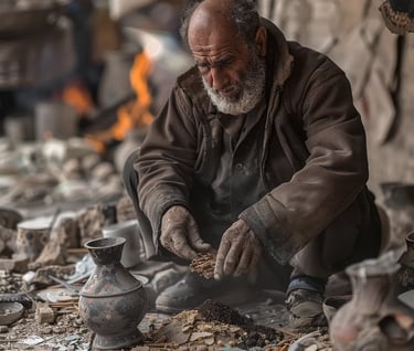 lose-up of a merchant, his face covered in dust, kneeling beside his destroyed spice stall