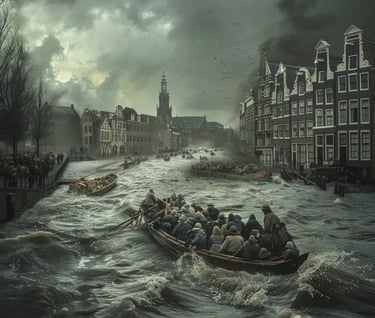 wooden boat, overflowing with refugees, drifts toward the safety of a nearby church