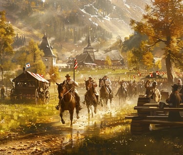 f Bavarian horsemen racing across a sunlit meadow
