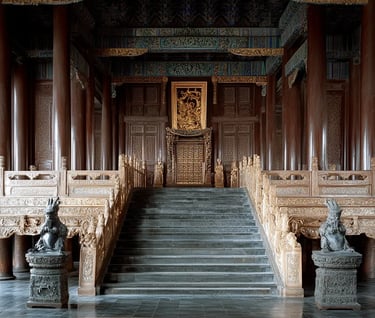 : carved lacquer throne with five-clawed dragons; silk banners, jade tablets, and bronze cranes flan