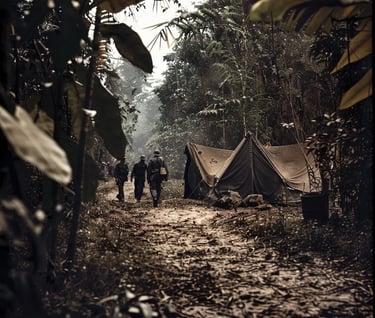 the captured guerrilla camp. Tents, weapons, and scattered supplies 