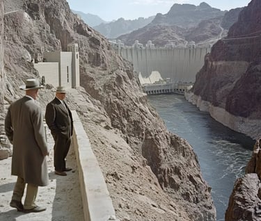the top of the Boulder Dam, with President Roosevelt and his entourage walking along its edge.