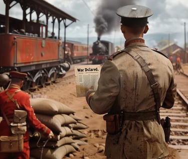 British officer in a crisp khaki uniform staring at a telegram in disbelief. The message reads, "War