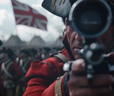  British officer in a red coat, staring through a spyglass at the defiant flag flying over Taunton