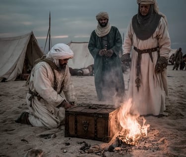 Baibars in silk caftan and jeweled turban; gold dinars spill from an ornate chest