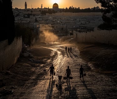 alm golden sunset casting long shadows over Jerusalem’s walled Old City