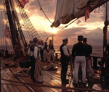 British sailors, disarmed and dejected, standing in formation on the deck of their captured warship