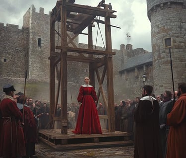  Mary standing with dignity on the wooden scaffold, clad in a deep crimson gown
