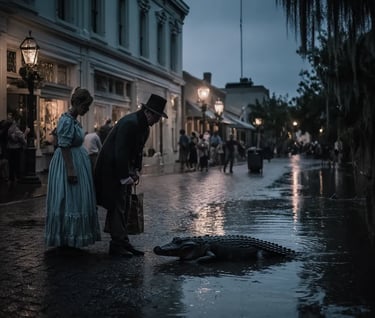 a magistrate in a black frock coat and silk cravat crouches by the soaking reptile