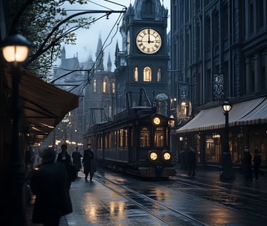 City street at dusk, synchronized clock towers across rooftops glowing in harmony