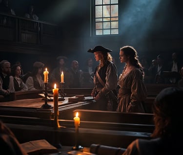 colonial courtroom in Spanish Town, Jamaica, Anne Bonny and Mary Read standing defiant