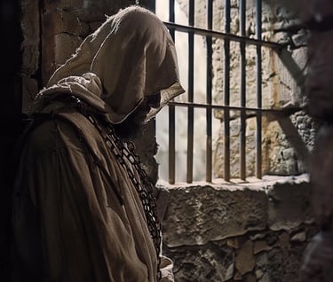 Jacques de Molay, Grand Master of the Templars, chained to a damp stone wall in a dimly lit dungeon