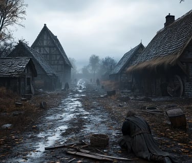 silent aftermath in a ravaged medieval village, broken shields and splintered spears