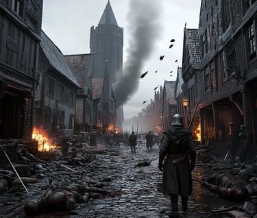Post-conflict Utrecht with ruined medieval streets and solemn townsfolk after political violence.