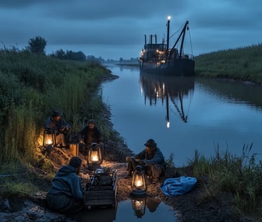 evening along the canal, oil lanterns reflecting in the still waters, workers seated by campfires