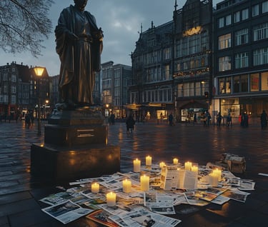 Memorial scene in Amsterdam with candles and tributes to socialist pioneer Domela Nieuwenhuis