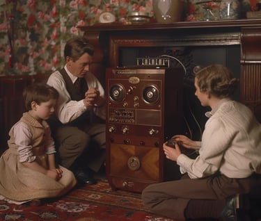 ritish family gathered around a large wooden radio, listening intently to the BBC’s first broadcast