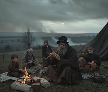 makeshift camp by the roadside, where expelled Jewish families huddle around small fires