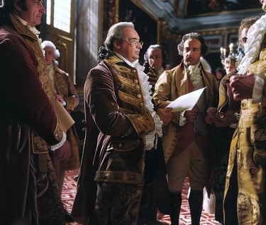 Franklin bowing before King Louis XVI, his spectacles slightly askew as he presents a formal request