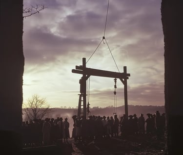  wooden scaffold at dawn, silhouetted against the cold morning sky