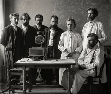 group of doctors gathered around an early X-ray machine